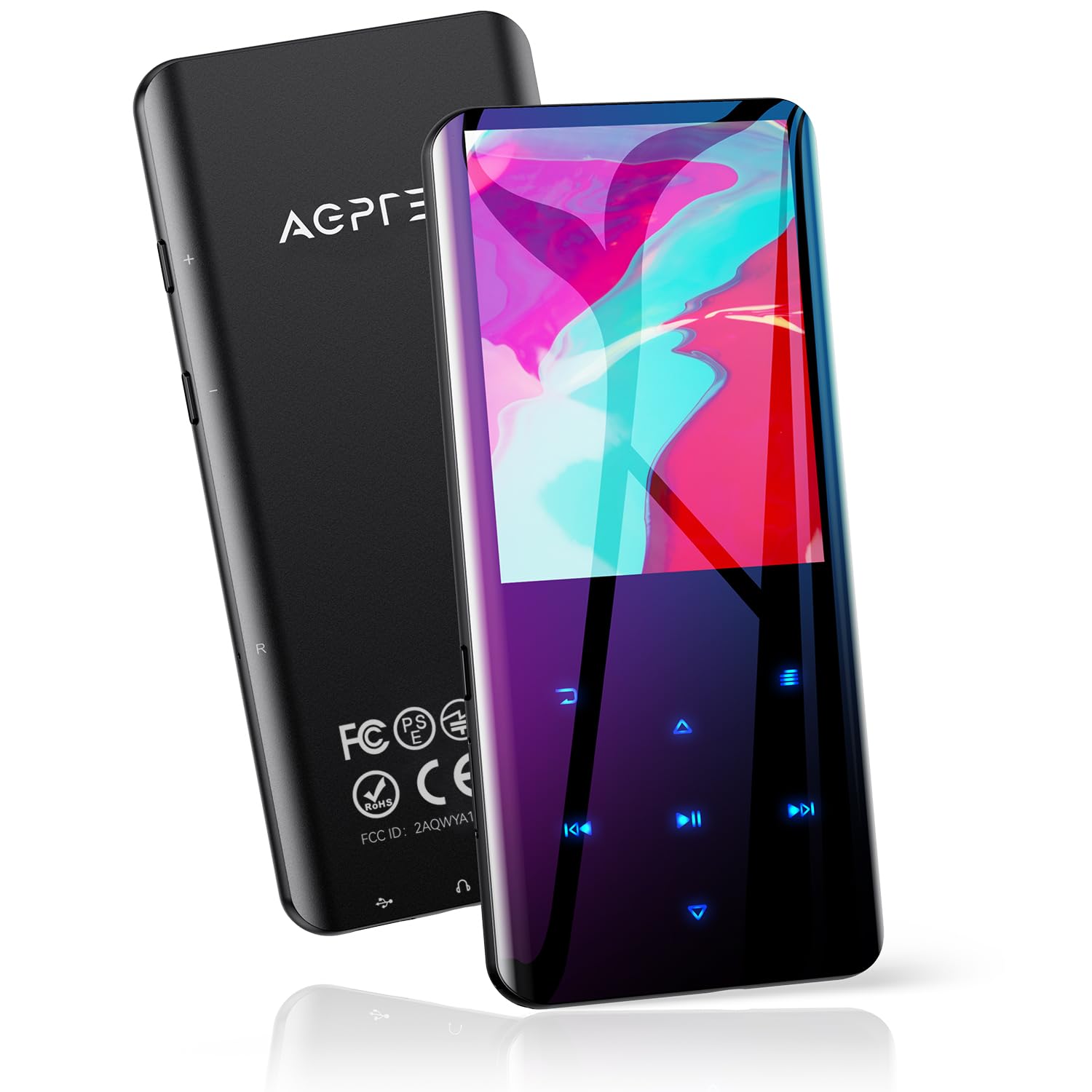 AGPTEK MP3 Player with Bluetooth 5.3, 2.4 Inch Curved Screen, 32GB Internal Memory Expandable up to 128GB, Music Player Built-in Speaker with FM Radio, Voice Recorder, Earphone and Lanyard Included