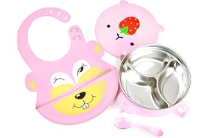 qianliyer Baby Stainless Steel Bowl Stainless Steel Suction Plates for Baby Suction Cup Bowls with Lids Kid Suction Bowls for Toddlers & Kids with Utensils (Pink)