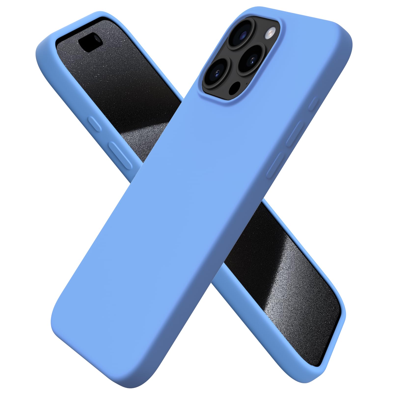 ORNARTO Compatible with iPhone 15 Pro Max Case 6.7", Slim Liquid Silicone 3 Layers Soft Gel Rubber Shockproof Protective Phone Cover with Anti-Scratch Microfiber Lining-Sky Blue