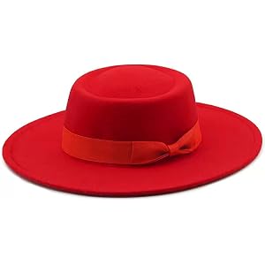 Cotilafi Wide Brimmed Fedora Hat with Bow Belted, Flat Top British Style Vintage Panama Felt Cap, Flat Brimmed Jazz Hats Red