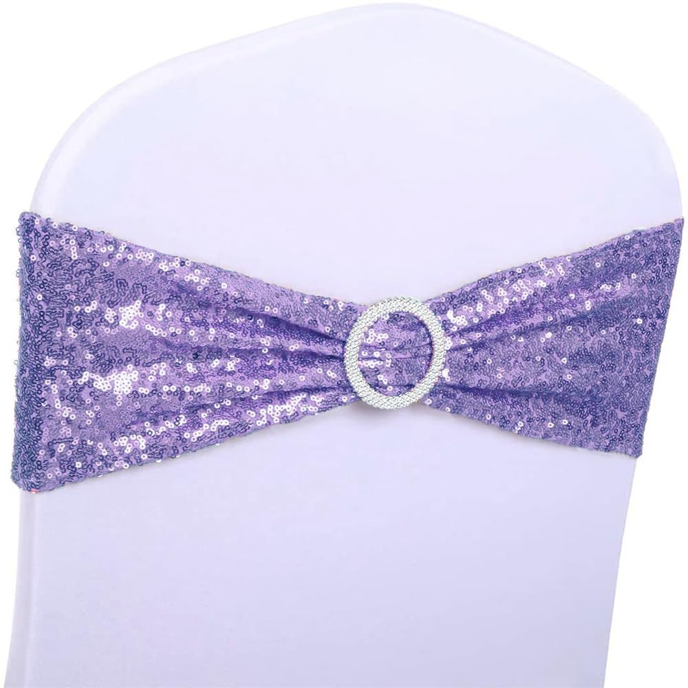 Photo 1 of SINSSOWL Pack of 100 All Around Sequin Chair Sashes for Wedding, Lavender Chair Sashes for Folding Chairs Party Fiesta Baby Shower Decor Chair Bands Bows