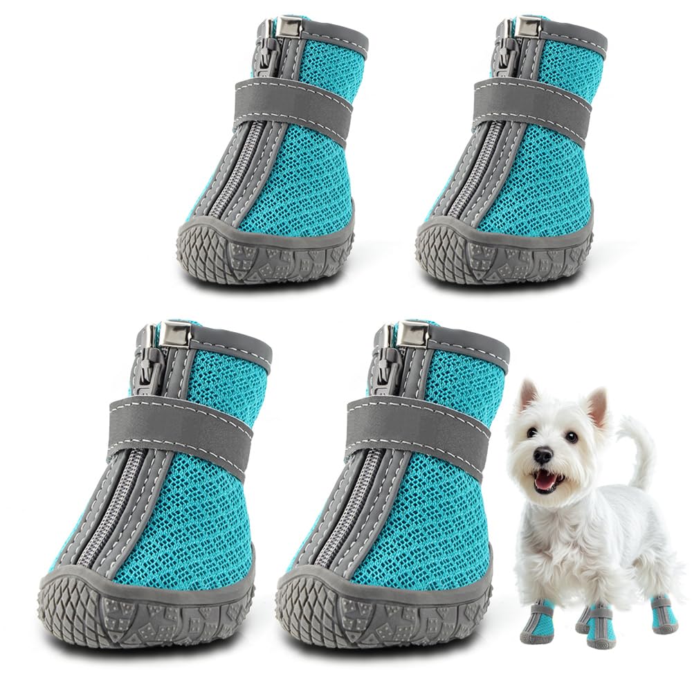 Photo 1 of Dog Shoes for Small Dogs, Breathable Dog Boots Paw Protector for Hot Pavement Winter Snow, Dog Booties with Reflective Strips Rugged Anti-Slip Sole for Hardwood Floors Outdoor Walking Blue Size 3