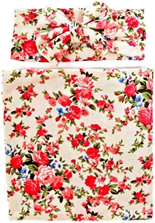 Ufraky Muslin Swaddle Blanket Floral Print Cotton Receiving Blankets Headband Set, 31.5x31.5 (Beige)