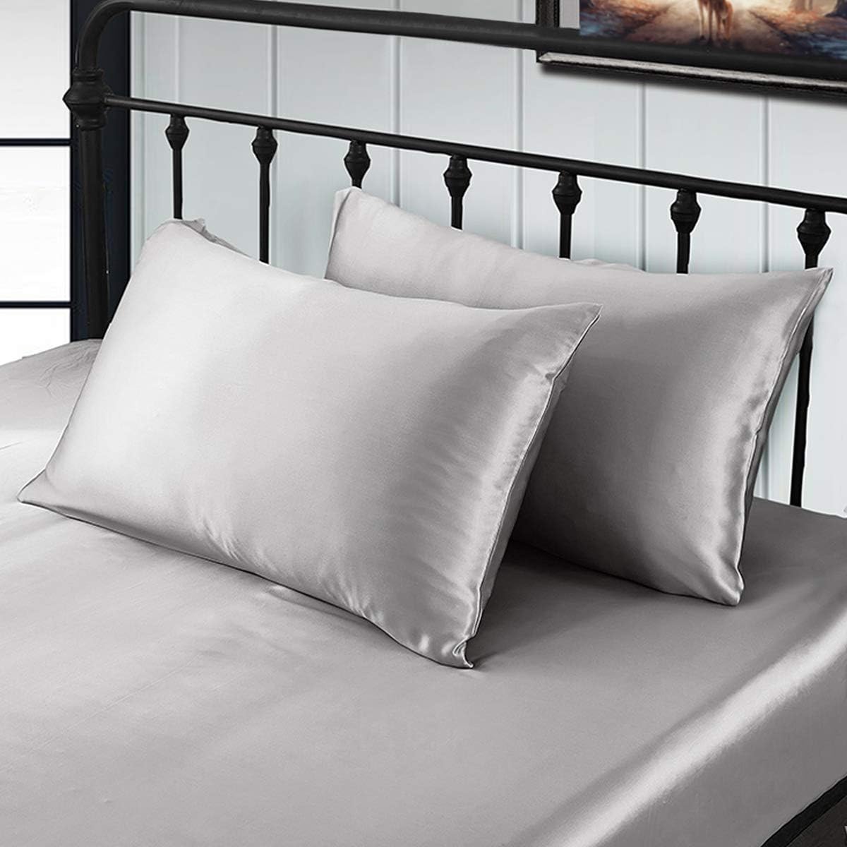 JOGJUE Silk Pillowcase for Hair and Skin 2 Pack 100% Mulberry Silk Bed Pillowcase Hypoallergenic Soft Breathable Both Sides Silk Pillow Case with Hidden Zipper, Standard Size Pillow Cases (Grey): Kitchen & Dining