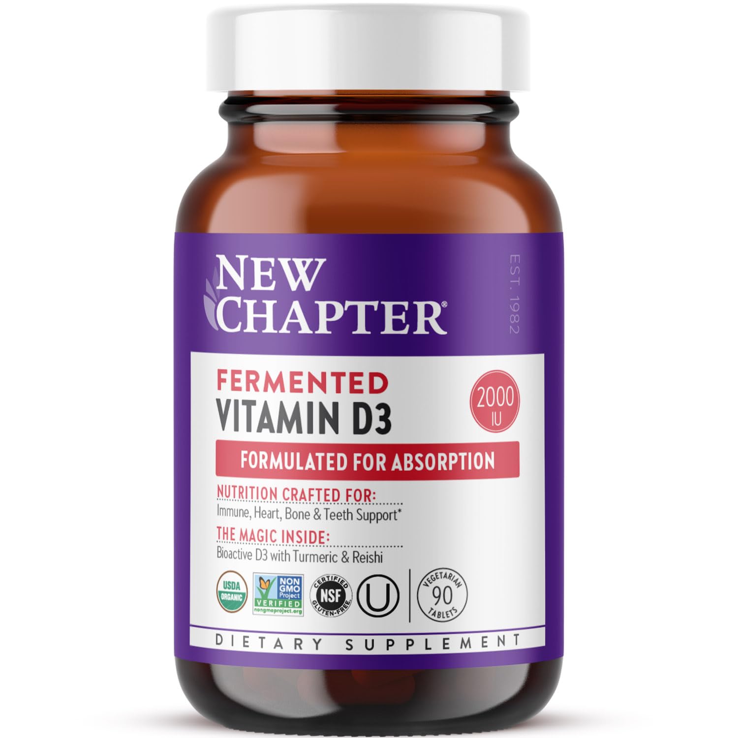 New Chapter Fermented Vitamin D3 2,000 IU, Organic, ONE Daily for Immune, Heart & Bone Support + Whole-Food Turmeric, Adaptogenic Reishi Mushroom, 100% Vegetarian, Gluten Free, 90 Count Image