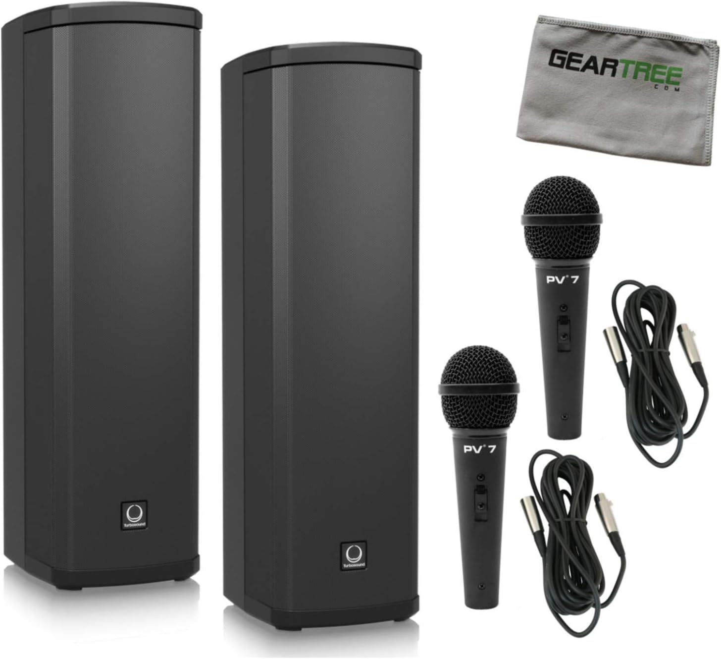 Two TurbosoundIP300 600 Watt Powered Column Loudspeakers w/cleaning cloth, 2 m