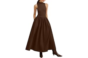 Lauweion Women's Sleeveless Turtleneck Maxi Dress Patchwork Casual Solid Flowy Mock Neck Long Dress with Pockets