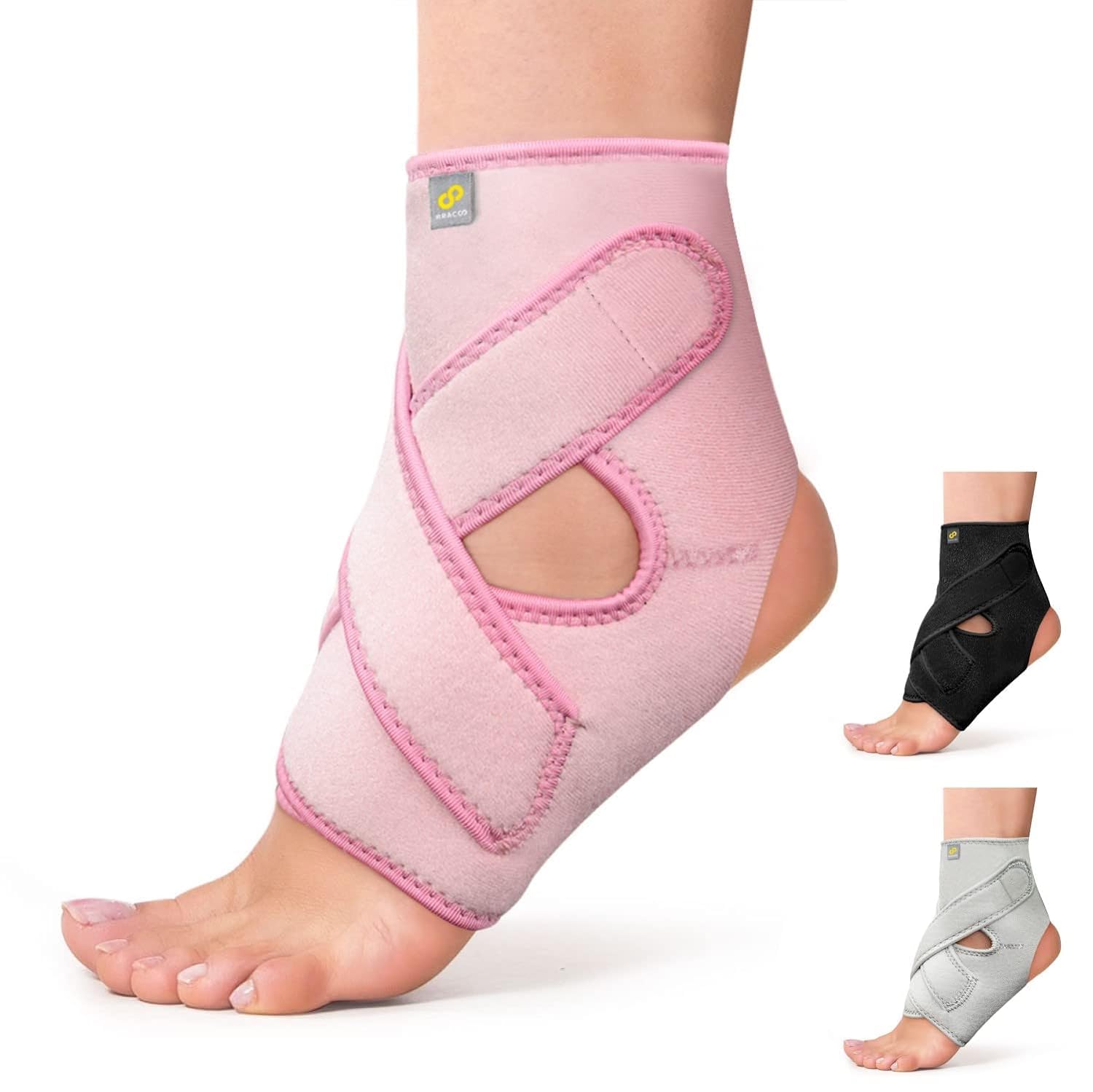 BRACOO FS10 Ankle Support, Open-Heel Foot Brace with Adjustable Straps – for Achilles Tendonitis, Ligament Damage, Sprains and Sports Injuries (Pink, L/XL)