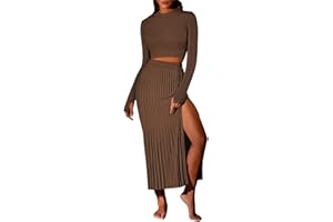 Pink Queen Women's 2 Piece Sweater Outfits Set Long Sleeve Crop Top Ribbed Split Bodycon Midi Long Skirt Knit Dresses