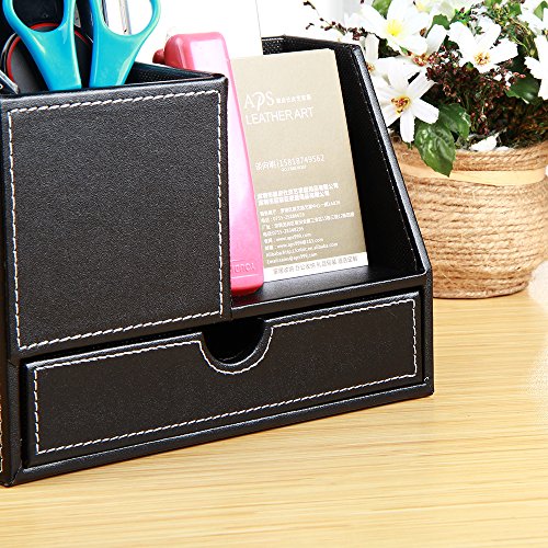 PU Leather Multi-function Desk Stationery Organizer Storage Box Pen and Pencil holders Business Cards Stand Desk Organizer Set Office Table Accessories (Black-large)