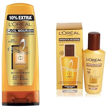 L'Oreal Paris 6 Oil Nourish Conditioner Scalp and Hair 192.5ml (175ml+17.5ml Free) + L'Oreal Paris Smooth Intense Instant Smoothing Serum, 100ml
