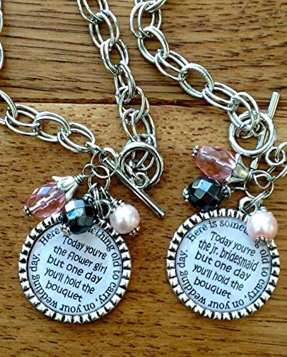 Silver large link flower girl bracelet, Personalized Junior Bridesmaid bracelet, pink and ivory charm bracelet, wedding bridesmaid bridal jewelry PERSONALIZED
