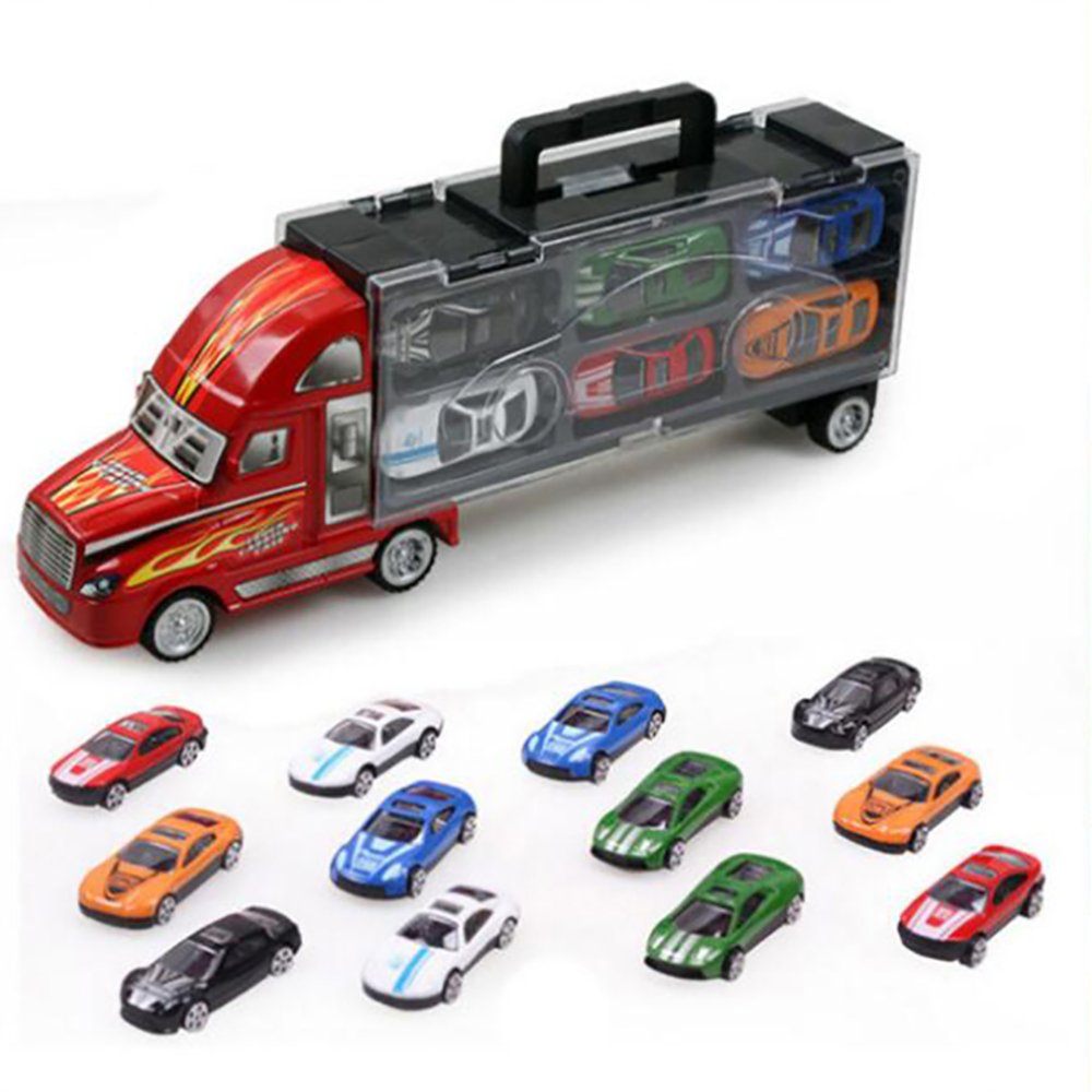 Pevor Transport Car Carrier Truck Boys Toy Stylish Metal Racing Cars For Toddlers Kids Children Boys And Girls Includes Alloy Metal 12 Cars