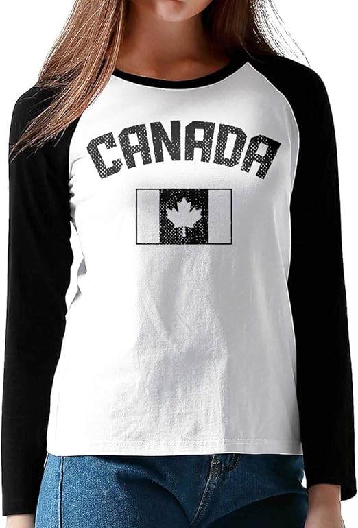 Womens LongSleeved Round Neck TShirt, Casual Canada Canadian Flag 100