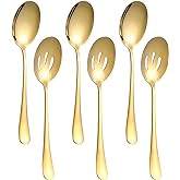 6 PCS Serving Spoons Set, 8.7 Inch Serving Spoon, Slotted Spoons, Gold | 3 Server Spoon and 3 Slotted Spoons, Stainless Steel Buffet Banquet Large Utensils Cutlery Set for Kitchen