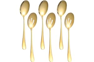 6-Piece Stainless Steel Serving Set - 8.7 Inch Spoons, Includes 3 Serving and 3 Slotted Spoons, Gold
