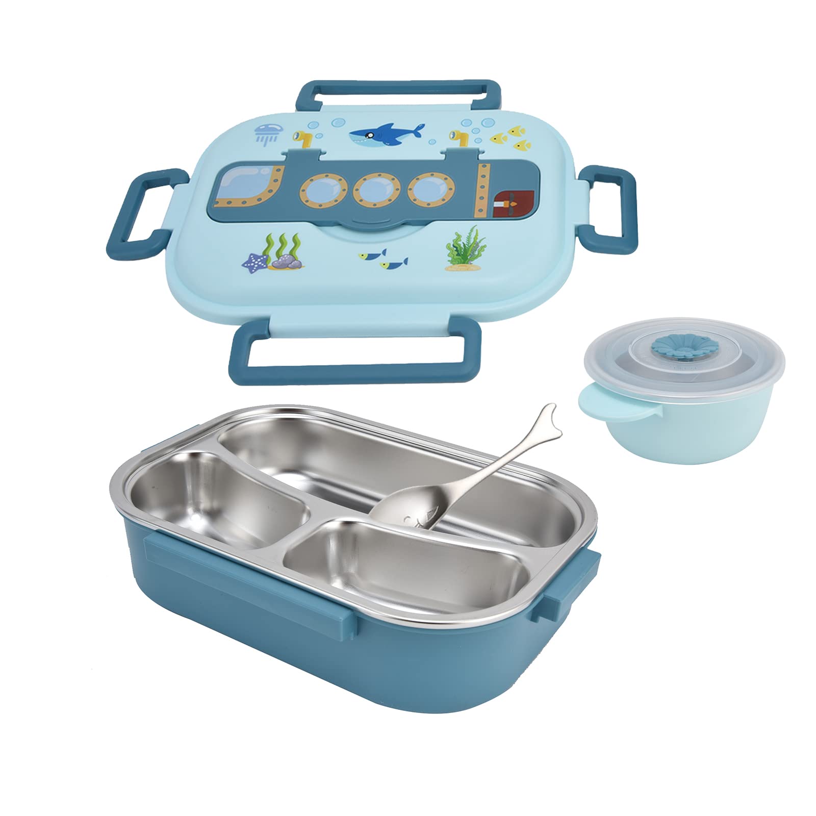 BigKing 3-in-1 Bento Lunch Box, 1200ml Sealed Insulated Lunch Box, Stainless Steel Leak‑Proof Cartoon Lunch Box, Storage Container with Compartments for Kids Adults(Blue)