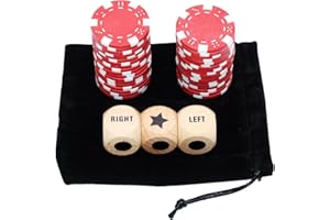 Bilywey Upgrade Left Right Center Dice Game Set with 3Pcs Beech Wood Dices + 36Pcs 11.5g Poker Chips (Red)
