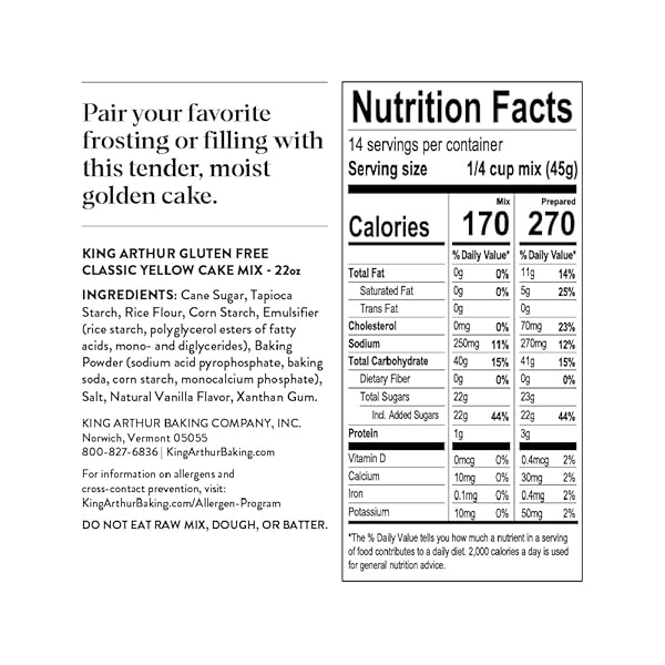 KING ARTHUR, GLUTEN-FREE YELLOW CAKE MIX, GLUTEN-FREE, NON-GMO PROJECT VERIFIED, CERTIFIED KOSHER, NON-DAIRY, 22 OUNCES