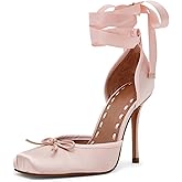 JilTrdWei Women's Ballet Heels, Satin Ballerina High Heels with Ribbon Lace-Up, Square Toe Mary Jane Stiletto Heels for Party, Wedding & Formal Dress
