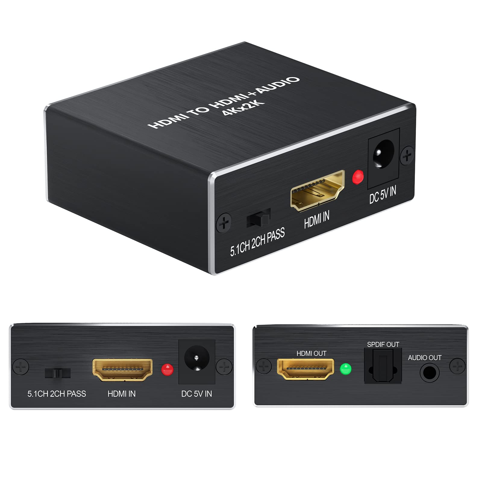 HDMI Audio Extractor 4K 60HZ, Digital HDMI to HDMI Audio Converter, HDMI to Optical 3.5mm AUX Audio Adapter, Supports HDCP 1.4, 3D, Dolby Digital, DTS 5.1 PCM