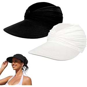 2 Pack Women's UPF 50+ UV Protection Sun Visor Hat, Sun Visor Hat for Women, Wide Brim Lightweight Foldable Ponytail Cap for