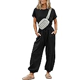 Flygo One Piece Jumpsuits for Women Crewneck Short Sleeve Casual Wide Leg Long Pants Drawstring Rompers Outfits with Pockets