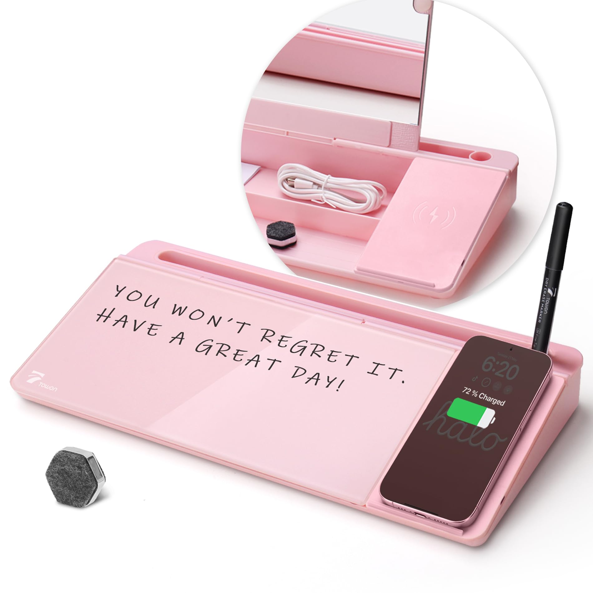 Photo 1 of TOWON Desktop Glass Whiteboard with Charger Pad, Small Desk Whiteboard - Glass Dry Erase White Board- Desk Computer Buddy with Storage, Mirror and Charging Station, Pink, 17 x 6 in