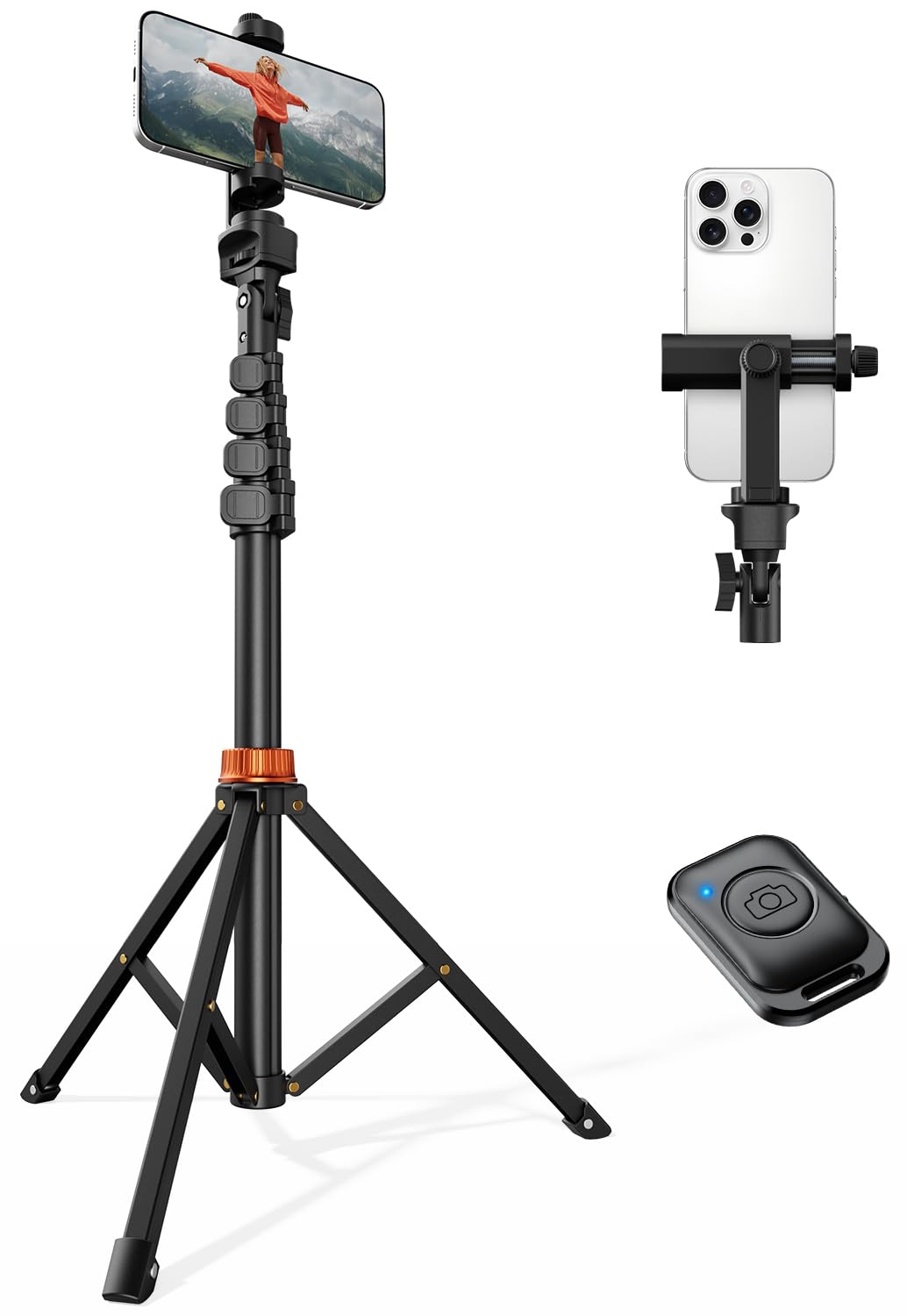 Photo 1 of VIMOSE 66" Phone Tripod, Tripod for iPhone with Remote & Ultimate Phone Mount, Extendable Selfie Stick Cell Phone Tripod Stand for Video Recording, Compatible for iPhone/Android/Camera