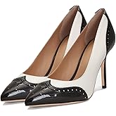 SHODENSE Women Pointed Toe Stiletto Heel Pumps Oxford Slip On High Heels Two Tone Perforated 4 inch Stiletto High Heels Pointy Closed Toe Dress Heels Wingtips Vintage White Black 7.5 M US