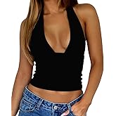 ForeFair Women Sexy Halter Deep V Neck Backless Crop Tank Top Open Back Sleeveless Slim Fit Y2k Summer Tops