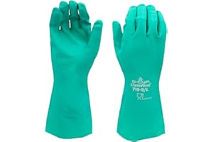 SHOWA 719 Chemical Resistant Nitrile Gloves, 33 cm, 11-mil Nitrile, Raised Diamond Grip, Green, Large, 12-Pack