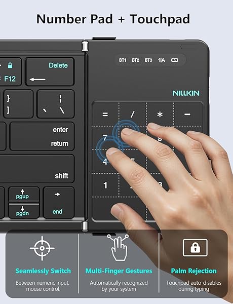 NILLKIN FOLDABLE BLUETOOTH KEYBOARD WITH TOUCHPAD & NUMBER PAD, PORTABLE BLUETOOTH KEYBOARD WITH FULL SIZE KEYS, POCKET-SIZED WIRELESS TRAVEL KEYBOARDS FOR IPAD, SMARTPHONE, TABLET AND LAPTOP BLACK