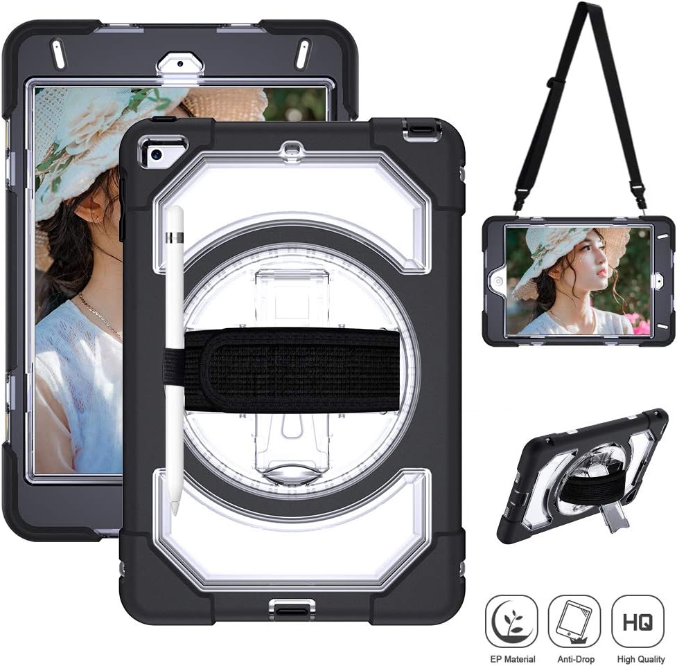 SUPFIVES iPad Mini 5th Generation Case 2019 Heavy Duty Adjustable Hand Strap Shoulder Strap Pencil Holder 360 Swivel Stand Shockproof Handle Rugged Case for iPad Mini 5 and iPad Mini 4 (Clear+Black)