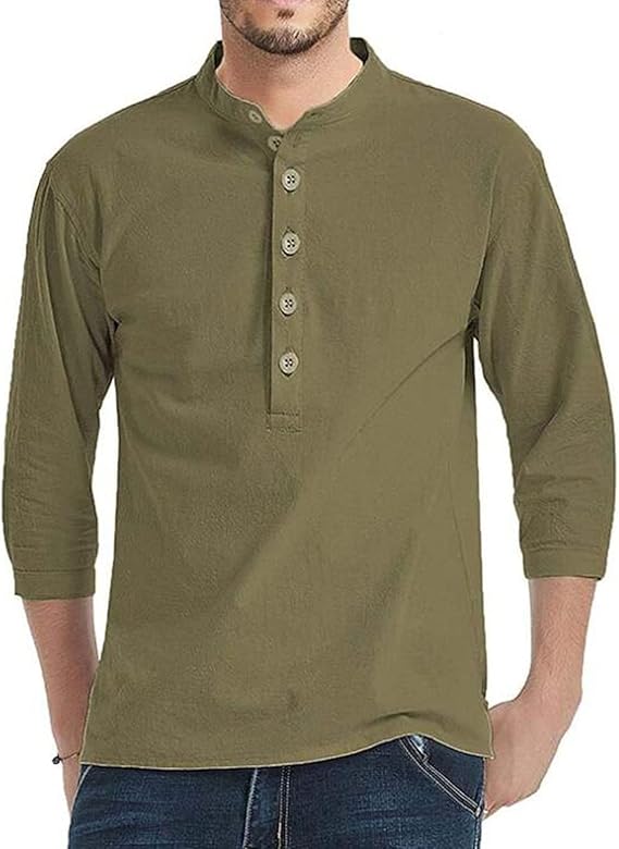 Men Cotton Linen 3/4 Sleeve Slim Casual Shirt Pure Color Retro Men's Linen Casual Shirt Long