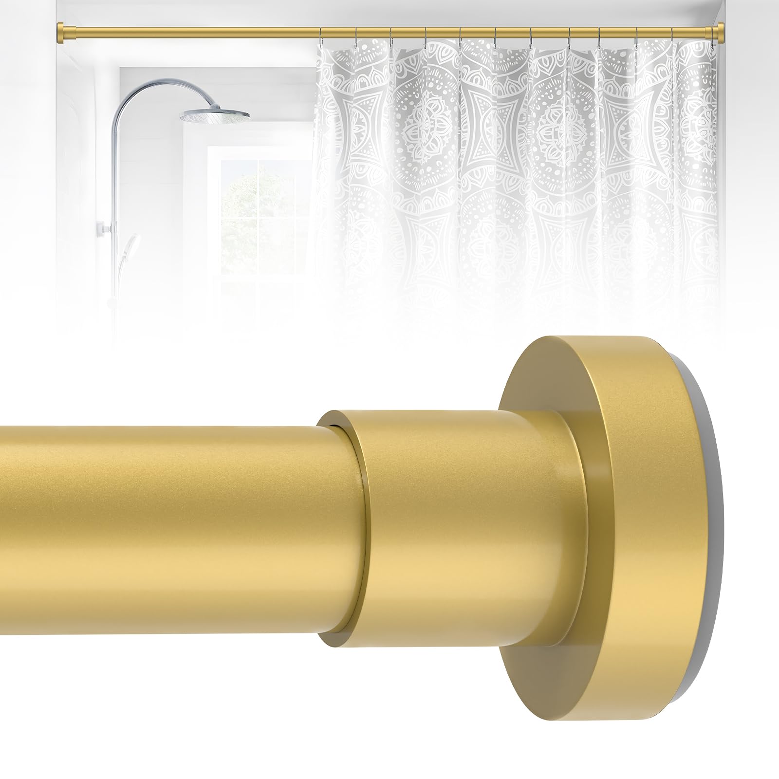 Photo 1 of HTZON Shower Curtain Rod Spring Tension:Gold Shower Rods for Bathroom 34 to 43 Inch,1 Inch Modern Heavy Duty Adjustable Tension Shower Curtain Rod No Drilling No-Slip Easy Install,Matte Gold