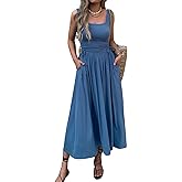 Mieazom Women’s Boho Summer Maxi Dress with Pockets, Adjustable Waist, Sleeveless Casual Ruched Sundress for Beach Vacation