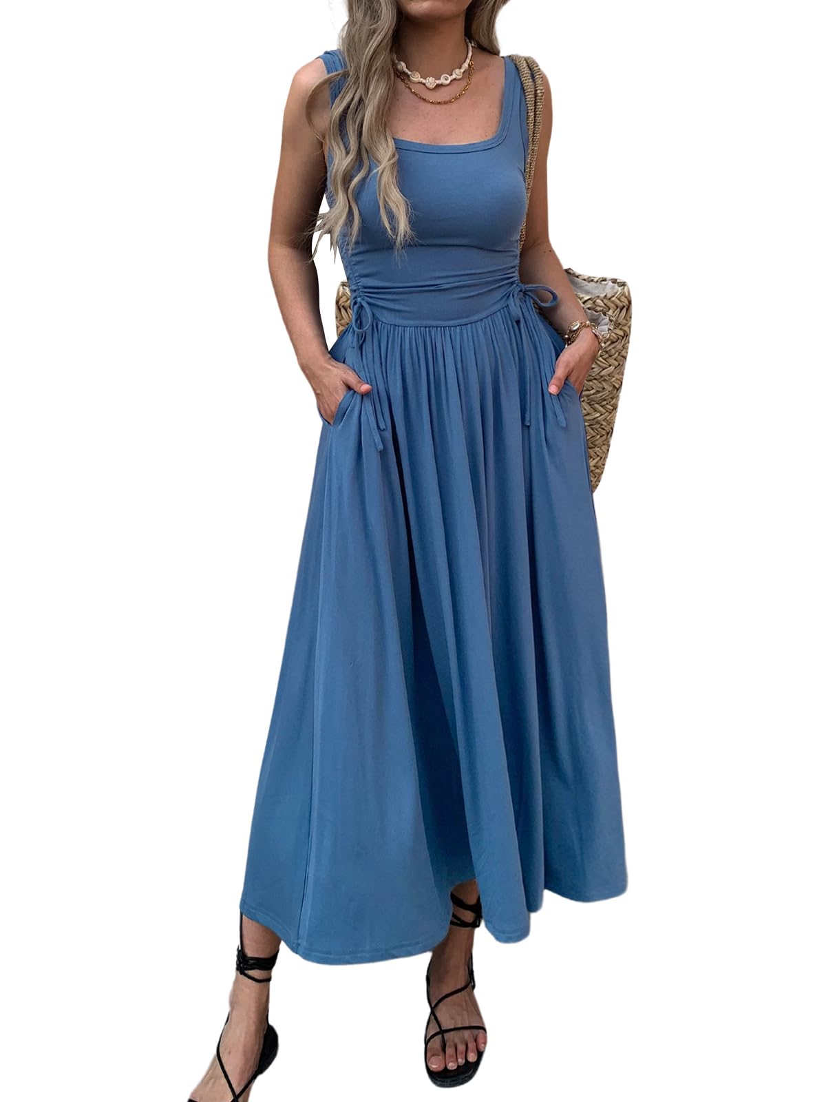 Photo 1 of (MEDIUM) (BAGGED) Mieazom Women’s Boho Summer Maxi Dress with Pockets, Adjustable Waist, Sleeveless Casual Ruched Sundress for Beach Vacation Blue M