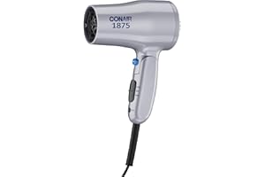 Conair Compact Hair Dryer with Folding Handle, 1875W Travel Blow Dryer with Diffuser and Concentrator Attachments, 2 Heat & 2 Speed Settings, Dual Voltage, Grey