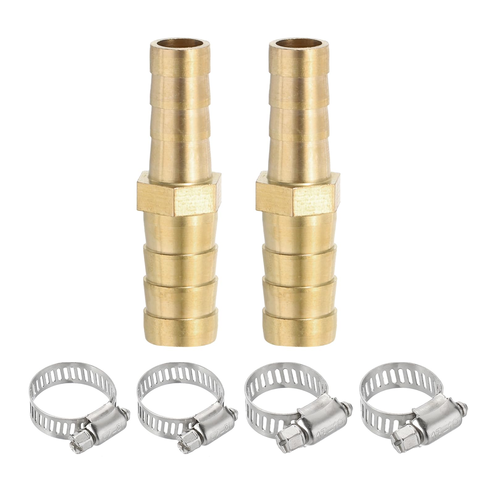 PATIKIL 5/16" to 3/8" Brass Hose Barb Reducer, 2Pcs Barbed Hose Fittings with 4 Stainless Steel Clamps Reducing Splicer Mender Union Adapter for Air Water Fuel