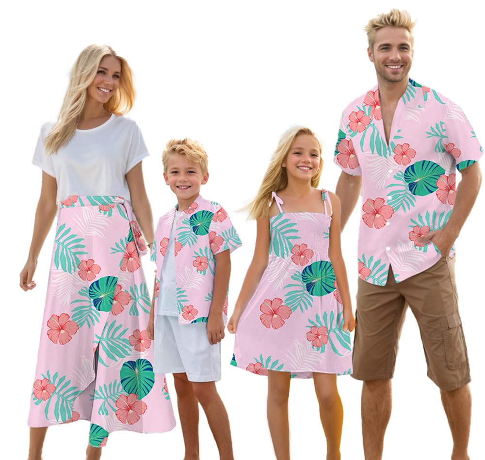 Photo 1 of Cromoncent Matching Hawaiian Outfits for Family, Dad and Son Matching Luau Beach Tropical Shirts Mommy Daughter Tropical Sets?Hawaiian Shirt?Flower Pink,3X-Large