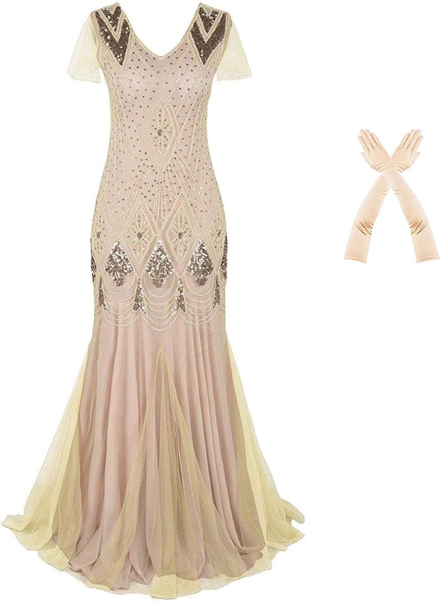 Women Evening Dress 1920s Flapper Cocktail Mermaid Plus Size Formal Gown with Long Gloves