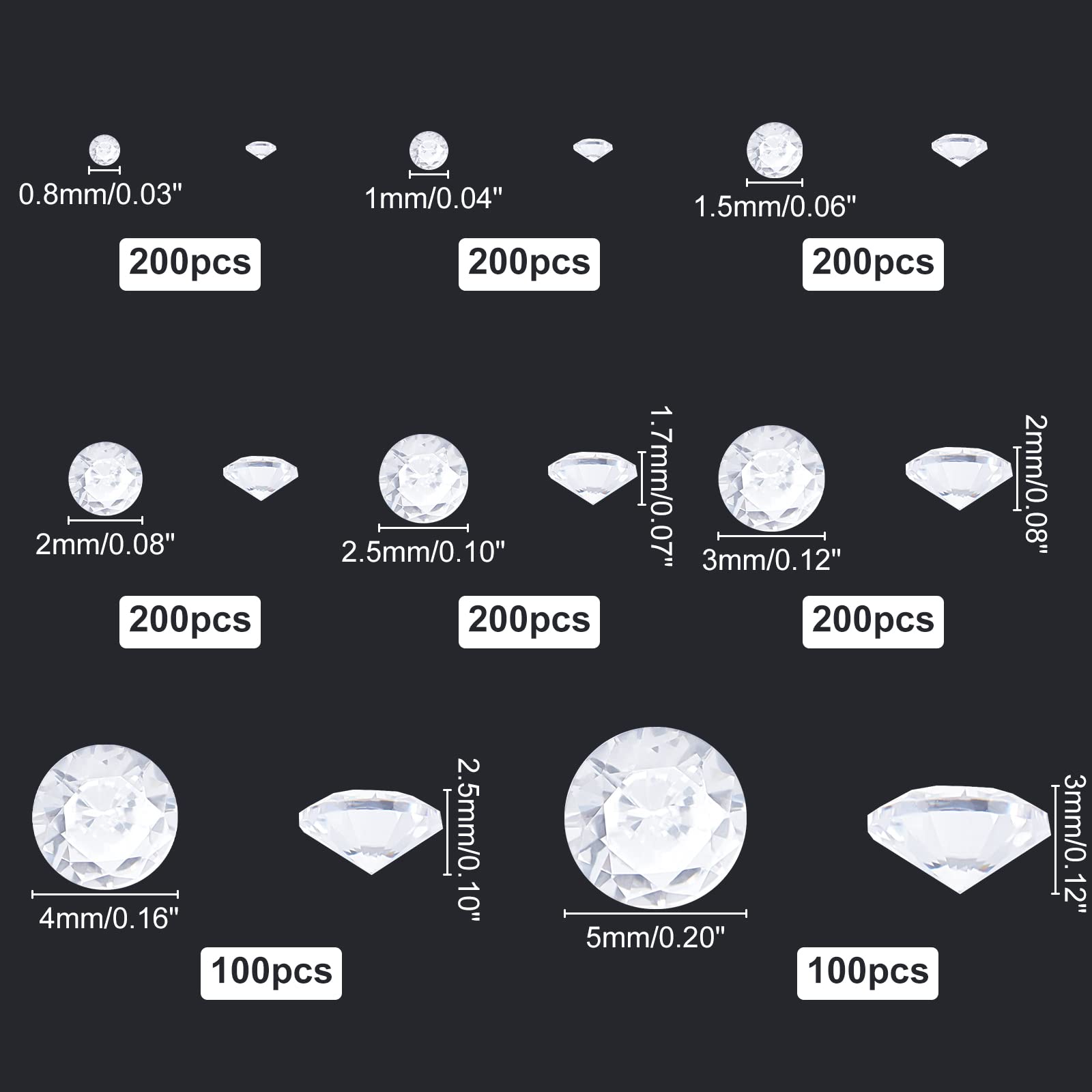 PH PandaHall 1400pcs Clear Cubic Zirconia Stone, 8 Sizes Grade A Faceted CZ Diamante Rhinestone Gems with Pointed Back Cabochons for Ring Earring Bracelet Nail Art Jewelry, 0.8/1/1.5/2/2.5/3/4/5mm