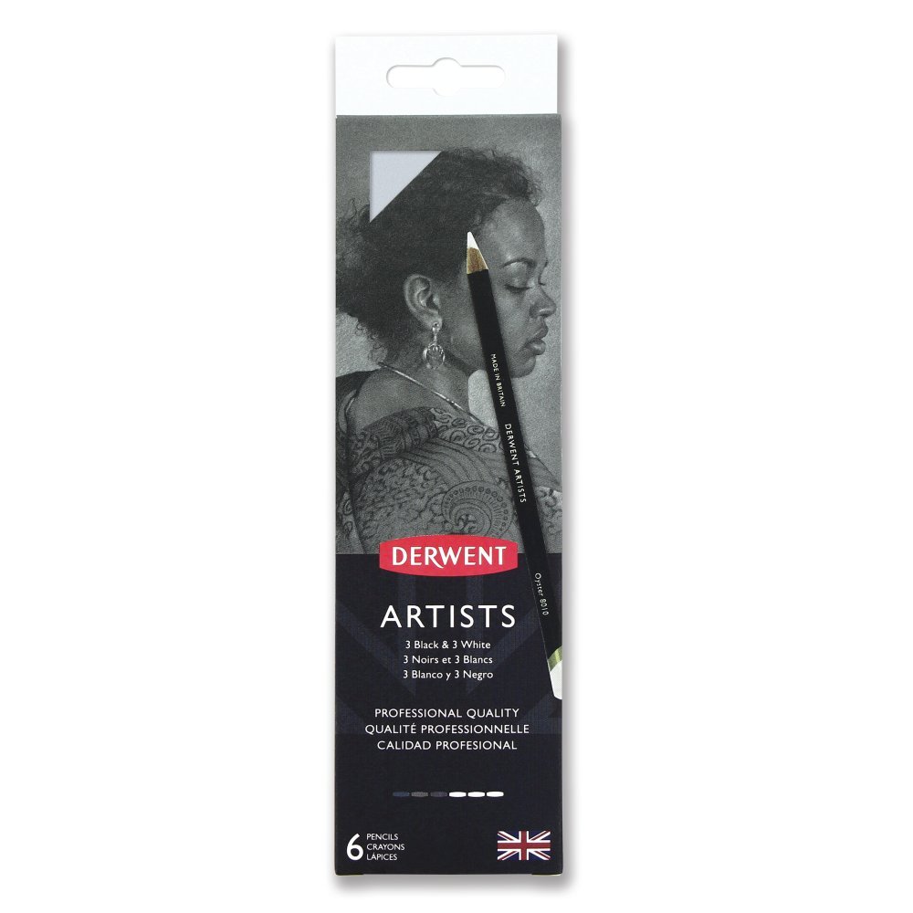 Derwent Artists Black & White Colouring Pencils With Sharpener, Drawing & Colouring, Set Of 6, Ideal For Layering & Blending, Professional Quality, 2302342