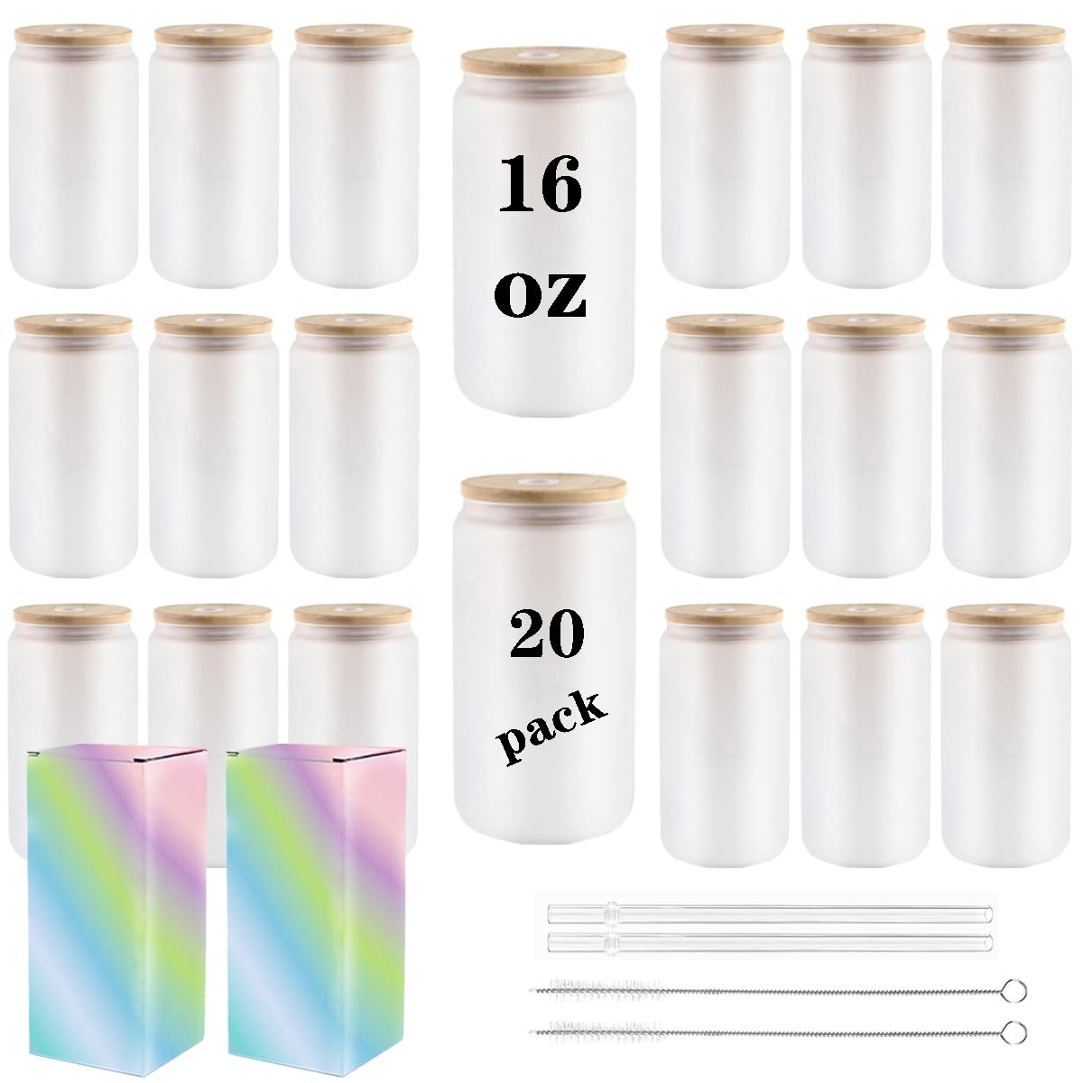 Photo 1 of ABBSH Frosted Sublimation Glass Cups With Bamboo Lid 16oz Tumblers 20Pack Blanks Glasses Beer Can and Straws…