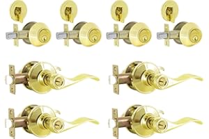 home improvement direct 4 Pack Keyed Alike Entry Door Lock Set, Single Cylinder Deadbolt with Wave Style Lever Door Handle, Polished Brass Reversible Leverset for Bedroom, Front & Exterior Doors