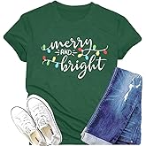Christmas Shirt Merry and Bright Christmas Lights T-Shirts Women Xmas Lights Graphic Shirts Merry Christmas Holiday Top