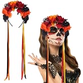Mexican Flower Headband Day of the Dead Red Black and Orange Rose Floral Crown Headpiece for Women Girls Halloween Cosplay Costume Party Hair Decoration