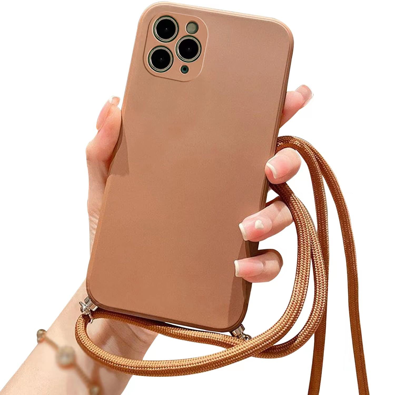 Galful Mobile phone chain for iPhone 14 pro 6.1", silicone case with lanyard smartphone necklace protective bumper with strap shockproof lanyard case cover coffee