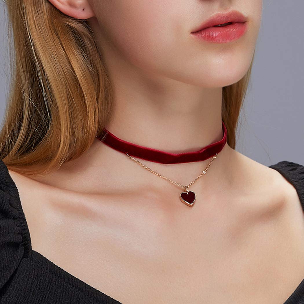 Yienate Layered Love Necklace Chain Heart Rhinestone Pendant Velvet Choker Necklace for Women and Girls (Red)